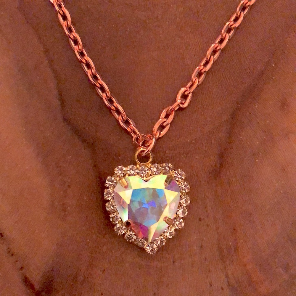 Aurora Borealis Crystal Halo Heart Drop Pendant Necklace - Picture 3 of 5